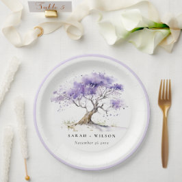 Minimale Lila Waterverf Jacaranda Tree Wedding Papieren Bordje