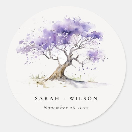 Minimale Lila Waterverf Jacaranda Tree Wedding Ronde Sticker (Voorkant)
