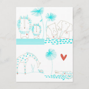 Minimale lion, schildpad, krokodil en Giraffe Briefkaart
