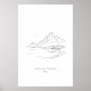 Minimale Lofoten-eilanden Lijnkunst Afdruk   Noors Poster