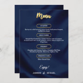 Minimale luxe Navy Blue en Gold Script Wedding Menu (Voorkant / Achterkant)