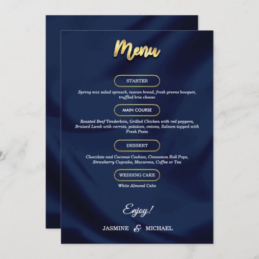 Minimale luxe Navy Blue en Gold Script Wedding Menu (Voorkant / Achterkant)
