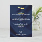 Minimale luxe Navy Blue en Gold Script Wedding Menu (Staand voorkant)