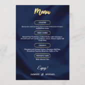 Minimale luxe Navy Blue en Gold Script Wedding Menu (Voorkant)
