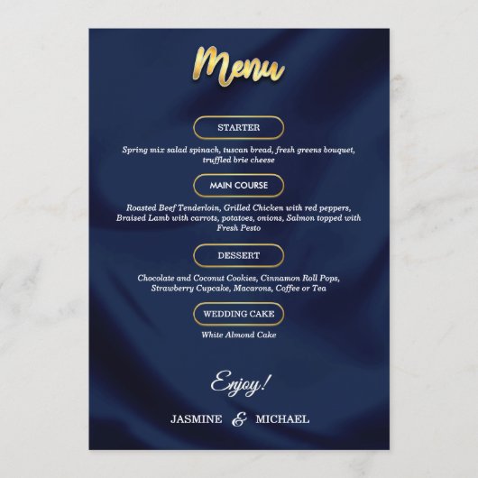 Minimale luxe Navy Blue en Gold Script Wedding Menu (Voorkant)