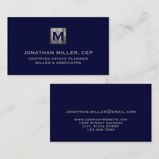 Minimale Luxe Navy Blue Silver Monogram Visitekaartje (Voorkant / Achterkant)