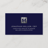 Minimale Luxe Navy Blue Silver Monogram Visitekaartje (Voorkant)