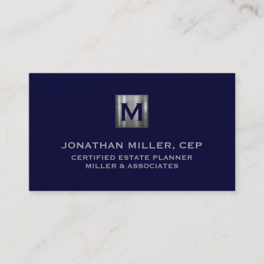 Minimale Luxe Navy Blue Silver Monogram Visitekaartje (Voorkant)