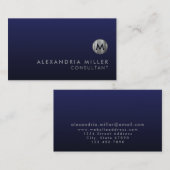 Minimale Luxe Navy Blue Silver Monogram Visitekaartje (Voorkant / Achterkant)