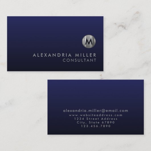 Minimale Luxe Navy Blue Silver Monogram Visitekaartje (Voorkant / Achterkant)