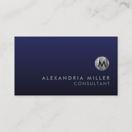 Minimale Luxe Navy Blue Silver Monogram Visitekaartje (Voorkant)