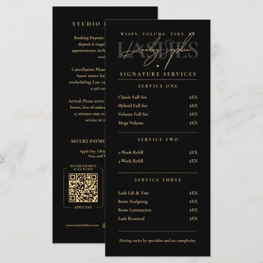 Minimale Luxe Wimperartiest Studio Prijslijst Menu (Voorkant / Achterkant)