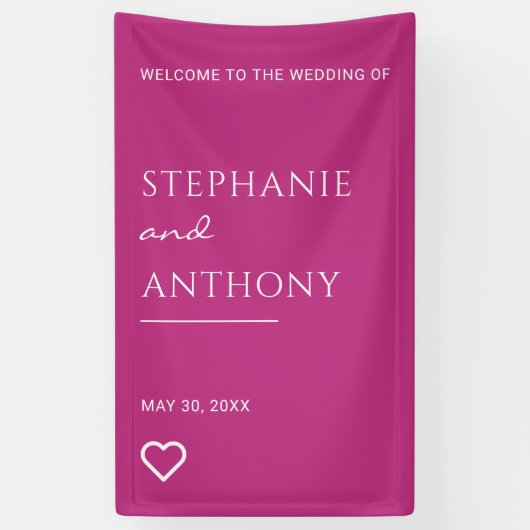 Minimale magenta en witte heart moderne bruiloft spandoek (Verticaal)