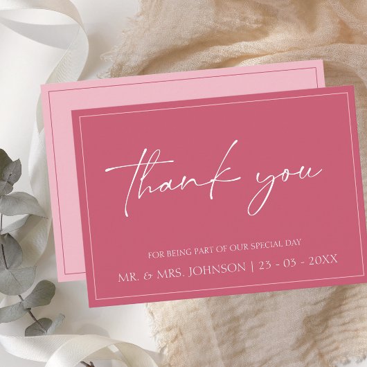 Minimale magenta roze bruiloft met dank aan uw kaa bedankkaart