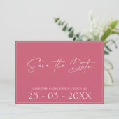 Minimale magenta roze weduwschap met het script sp save the date (Staand voorkant)