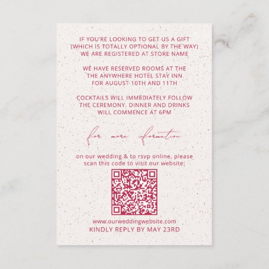 Minimale Magenta Wedding Details Kaart RSVP QR Cod (Achterkant)