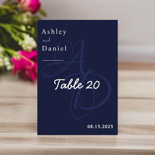 Minimale Marine Blauw Wit Monogram Elegante Huweli Kaart