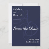 Minimale Marine Blauw Wit Monogram Elegante Huweli Save The Date (Voorkant)