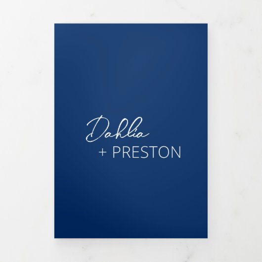 Minimale Marine Blauwe Foto Moderne bruiloft Drieluik Uitnodiging (Cover)