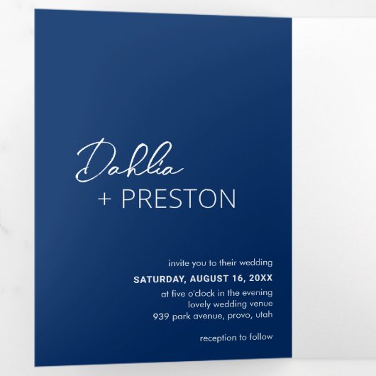 Minimale Marine Blauwe Foto Moderne bruiloft Drieluik Uitnodiging (Binnenzijde eerst)