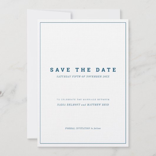 Minimale marine witte verticale trouwkaart save th kaart (Voorkant)