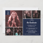 Minimale marineblauw 6 foto's collage afstuderen kaart (Voorkant)