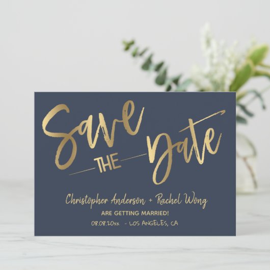 Minimale marineblauw goudolie bespaart datum kaart (Staand voorkant)