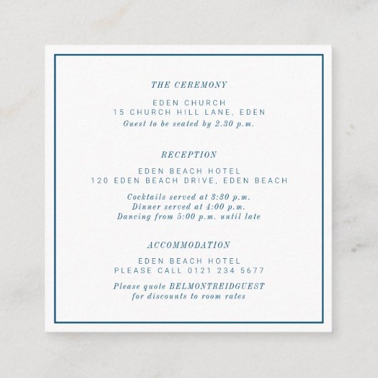 Minimale marineblauw wit vierkant bruiloft details informatiekaartje (Achterkant)