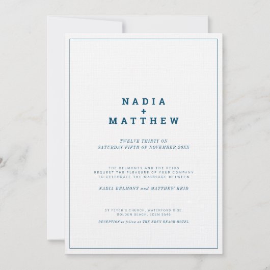 Minimale marineblauwe en witte tekstfotobruiloft kaart (Voorkant)