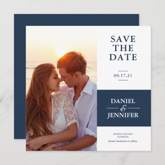 Minimale marineblauwe fotobruiloft bespaart datum save the date (Voorkant / Achterkant)