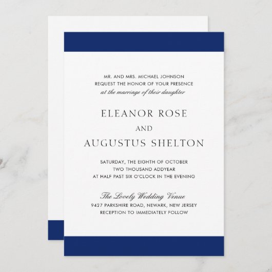 Minimale marineblauwe legant modern huwelijk kaart (Voorkant / Achterkant)