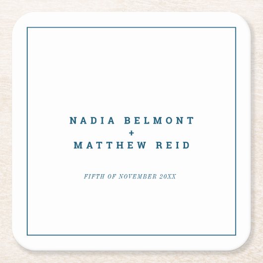 Minimale marineblauwe witte, eenvoudige bruiloft kartonnen onderzetters (Voorkant)