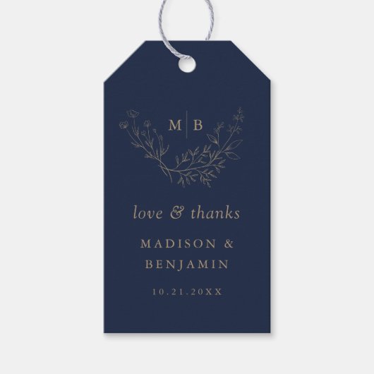 Minimale marinegoudmonogrambruiloft cadeaulabel (Voorkant)