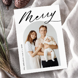 Minimale Merry Black Script Arch Photo Feestdagenkaart