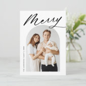 Minimale Merry Black Script Arch Photo Feestdagenkaart (Staand voorkant)