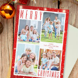 Minimale MERRY CHRISTMAS Photo Collage Red Lights Feestdagenkaart<br><div class="desc">Eenvoudig, modern design met een stijlvolle tekst MERRY CHRISTMAS tegen een rode achtergrond met licht. Neem vier foto's en uw aangepaste tekst op de voor- en/of achterzijde (optioneel). PHOTO TIP: Selecteer foto's met het onderwerp in het midden of pre-gewas hen in gelijkaardige vormen zoals getoond voor gemakkelijk-aan-upload afbeeldingen die de...</div>