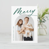 Minimale Merry Green Script Arch Photo Feestdagenkaart (Staand voorkant)