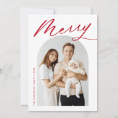 Minimale Merry Red Script Arch Photo Feestdagenkaart (Voorkant)