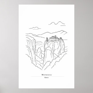 Minimale Meteora Griekenland Lijnkunst Afdruk | Kl Poster