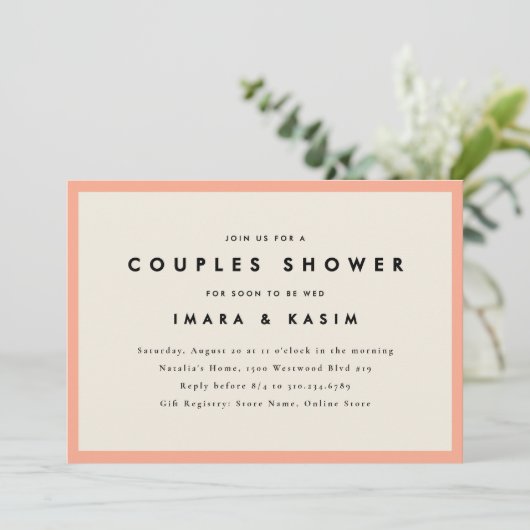 Minimale Mid Century Retro Perzik Paren Douche Kaart (Staand voorkant)