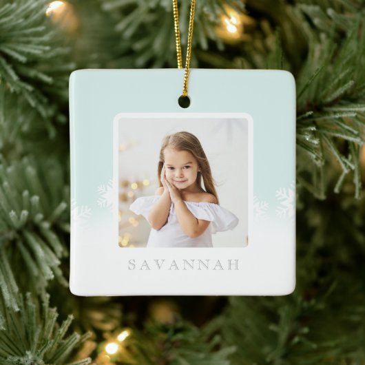 Minimale mint Green Ombre & Snowflake twee foto Keramisch Ornament (Boom)