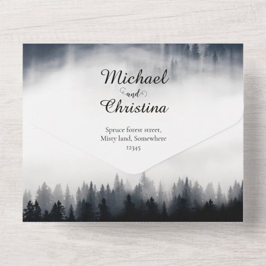 Minimale mistige sparren bos natuur bruiloft all in one uitnodiging (Achterkant)