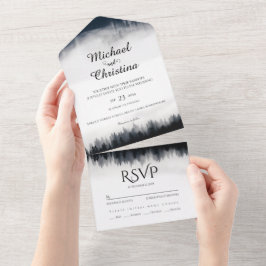 Minimale mistige sparren bos natuur bruiloft all in one uitnodiging