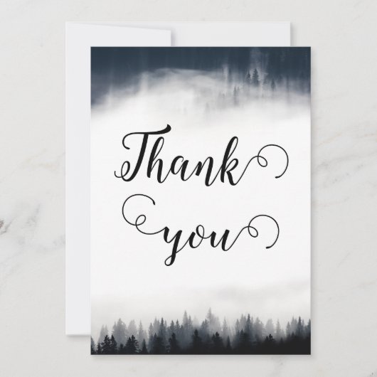 Minimale mistige sparren bos natuur bruiloft bedankkaart (Voorkant)