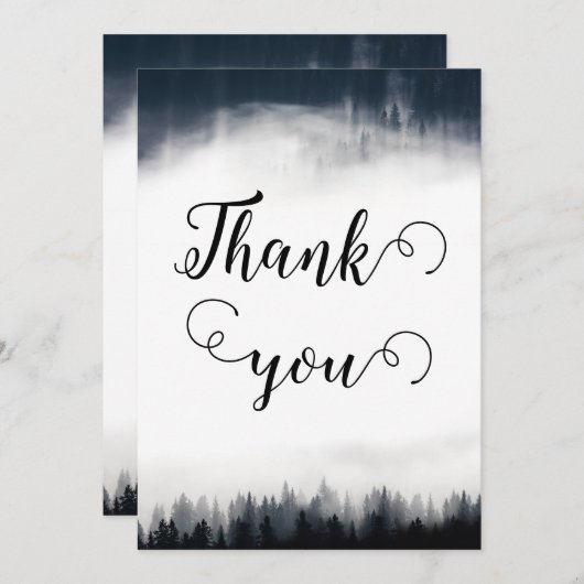 Minimale mistige sparren bos natuur bruiloft bedankkaart (Voorkant / Achterkant)