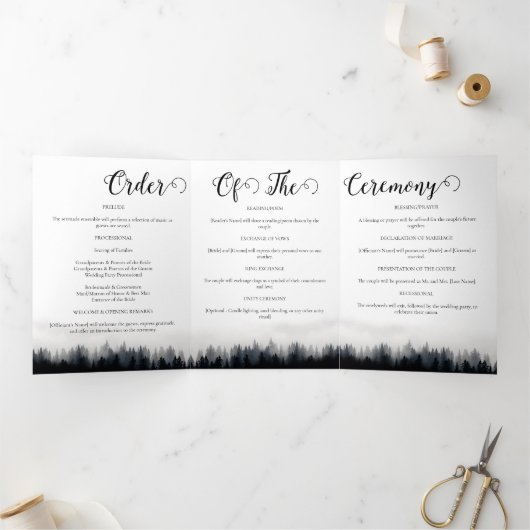 Minimale mistige sparren bos natuur bruiloft drieluik programma (Binnen)