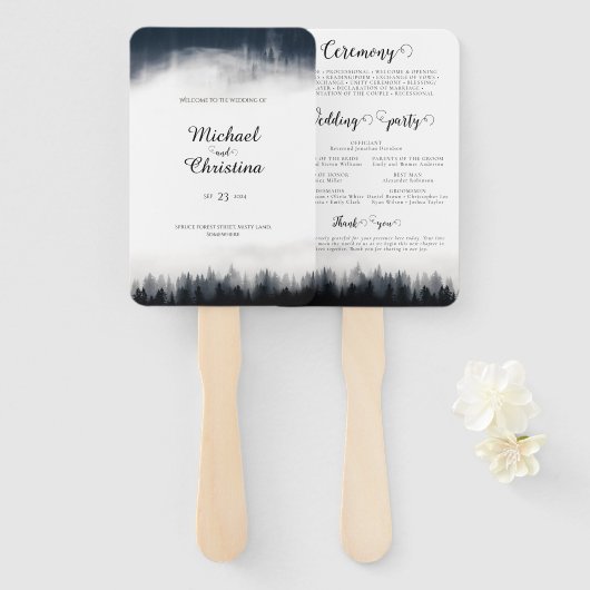Minimale mistige sparren bos natuur bruiloft handwaaier (Voorkant en achterkant)