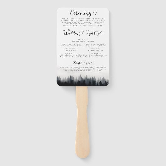 Minimale mistige sparren bos natuur bruiloft handwaaier (Achterkant)