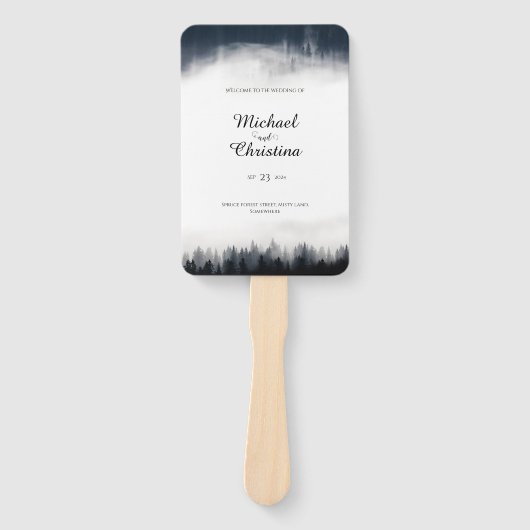 Minimale mistige sparren bos natuur bruiloft handwaaier (Voorkant)