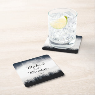 Minimale mistige sparren bos natuur bruiloft kartonnen onderzetters